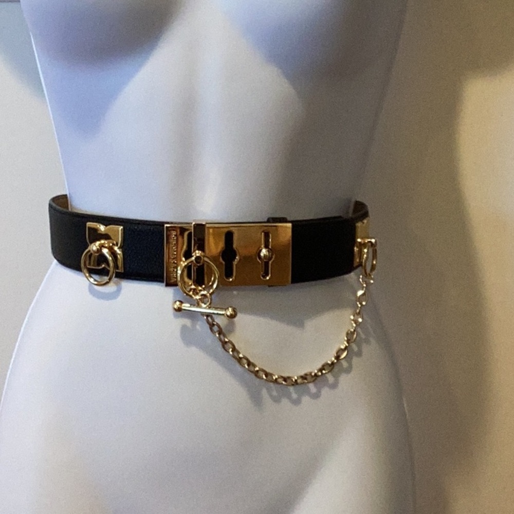 BCBGMaxAzria Black and Gold Chain Belt with Geometric Buckle